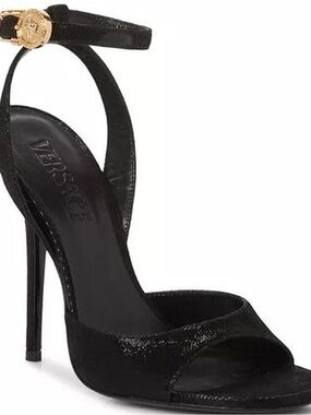 Versace Safety Pin Black Calf Leather Stiletto Sandals - Gold Medusa Size 9